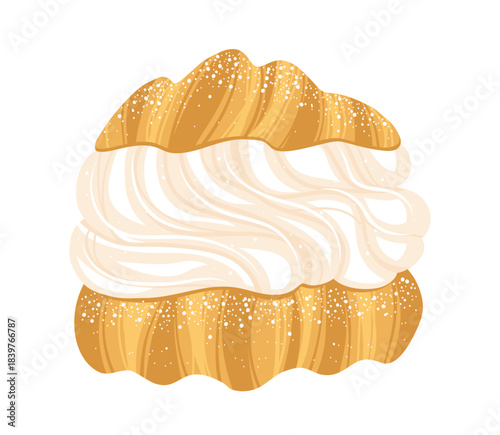 Cream puff dessert with whipped vanilla cream filling hand drawn texture illustration. Sweet Italian choux pastry dessert art. Vector hand drawn cartoon cream puff design for menu, print, poster