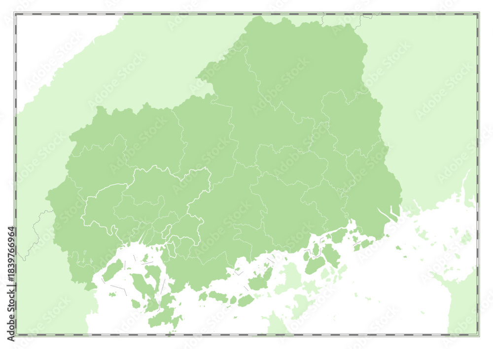 Fototapeta premium 額縁入りの「広島県」の白地図。緑色をした日本の都道府県の白地図シリーズ。A framed blank map of Hiroshima Prefecture. Part of the green blank map series of Japanese prefectures.