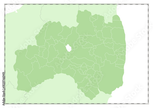 額縁入りの「福島県」の白地図。緑色をした日本の都道府県の白地図シリーズ。A framed blank map of Fukushima Prefecture. Part of the green blank map series of Japanese prefectures.