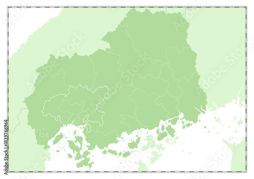 額縁入りの「広島県」の白地図。緑色をした日本の都道府県の白地図シリーズ。A framed blank map of Hiroshima Prefecture. Part of the green blank map series of Japanese prefectures.