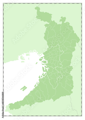 額縁入りの「大阪府」の白地図。緑色をした日本の都道府県の白地図シリーズ。A framed blank map of Osaka Prefecture. Part of the blank map series of Japanese prefectures in green.
