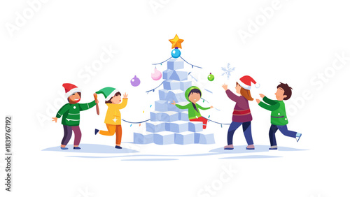 Excited children stacking snow blocks to create a giant Christmas tree, decorating it with glowing ornaments, giggling, cold winter breeze, joyful teamwork