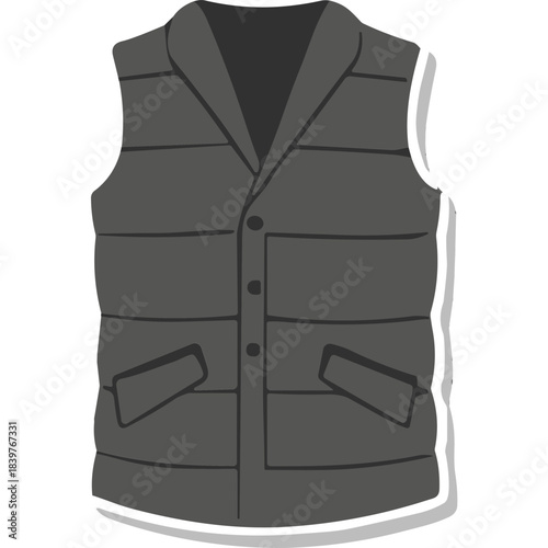 Dark Gray Puffer Vest With Shawl Collar And Button Closure Detailed With Pockets And White Outline On A Transparent Background