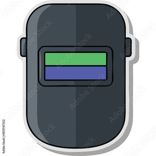 Dark Gray Welding Mask With Green And Blue Protective Visor And White Outline On Black Background