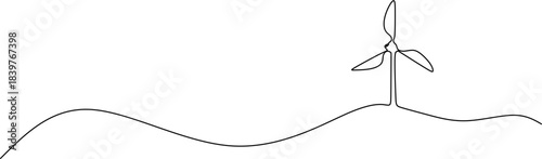 Continuous one-line drawing of a wind turbine on a rolling hill.