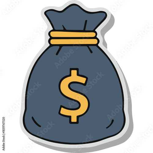 Dark Blue Money Bag With Yellow Dollar Symbol And Rope Closure Isolated On White Background With Shadow Effect