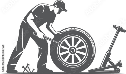 Mechanic Changing Car Tire with Tools Monochrome Illustration