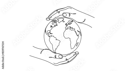 Minimalist line art shows gentle hands cradling the planet earth, symbolizing care and protection.