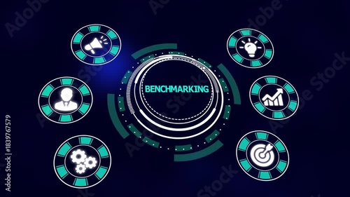 Benchmarking Concept with Performance Comparison Icons, Business Metrics Dashboard and Competitive Data Analysis Digital Visualization.