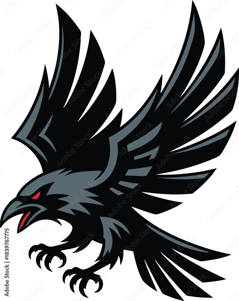 Fototapeta premium Aggressive Raven in Flight with Red Accents