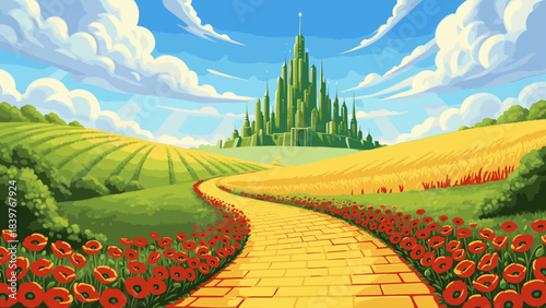The emerald city beckons down a yellow brick road lined with poppies through rolling green hills.