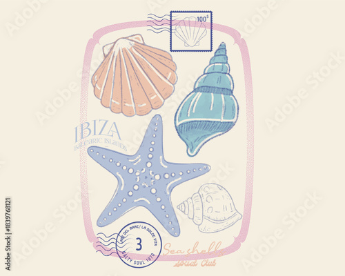 Sea Shells vector graphics. vintage retro sea shells star. beach graphic tees. vintage Ibiza islands typography slogan. its a t-shirt design, sweatshirt graphics for women's girls graphics.