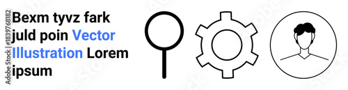 Black magnifying glass, gear, and user profile icon for search, settings, personalization, and team collaboration. Ideal for SEO, technology, analytics user interface productivity teamwork simple