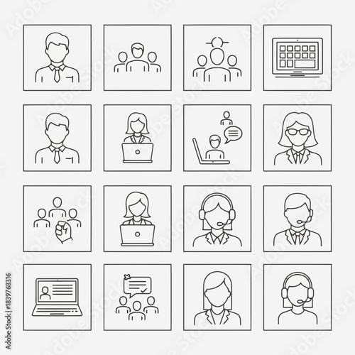 Set of diverse business professionals and customer service icons in various roles and activities