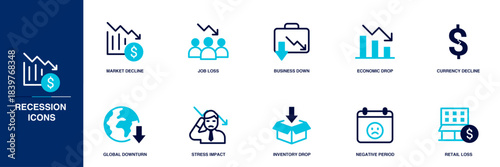Recession Blue Colored Outline Icon Set