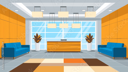 Modern office reception area with wooden desk, blue sofas, and large windows