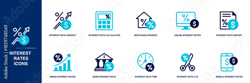Interest Rates Blue Colored Outline Icon Set