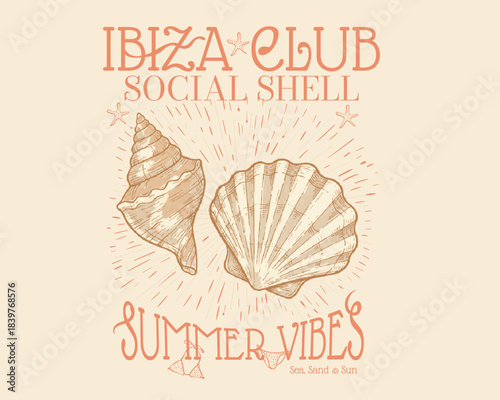 Typography Ibiza Social club slogan, Vintage seashell line drawing. Ibiza beach design. Seashell vintage. Salty days artwork for t shirt print,