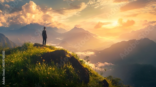 A lone figure stands on a mountain peak at sunset, looking out over a valley filled with fog.  The sky is ablaze with color, creating a breathtaking panorama.