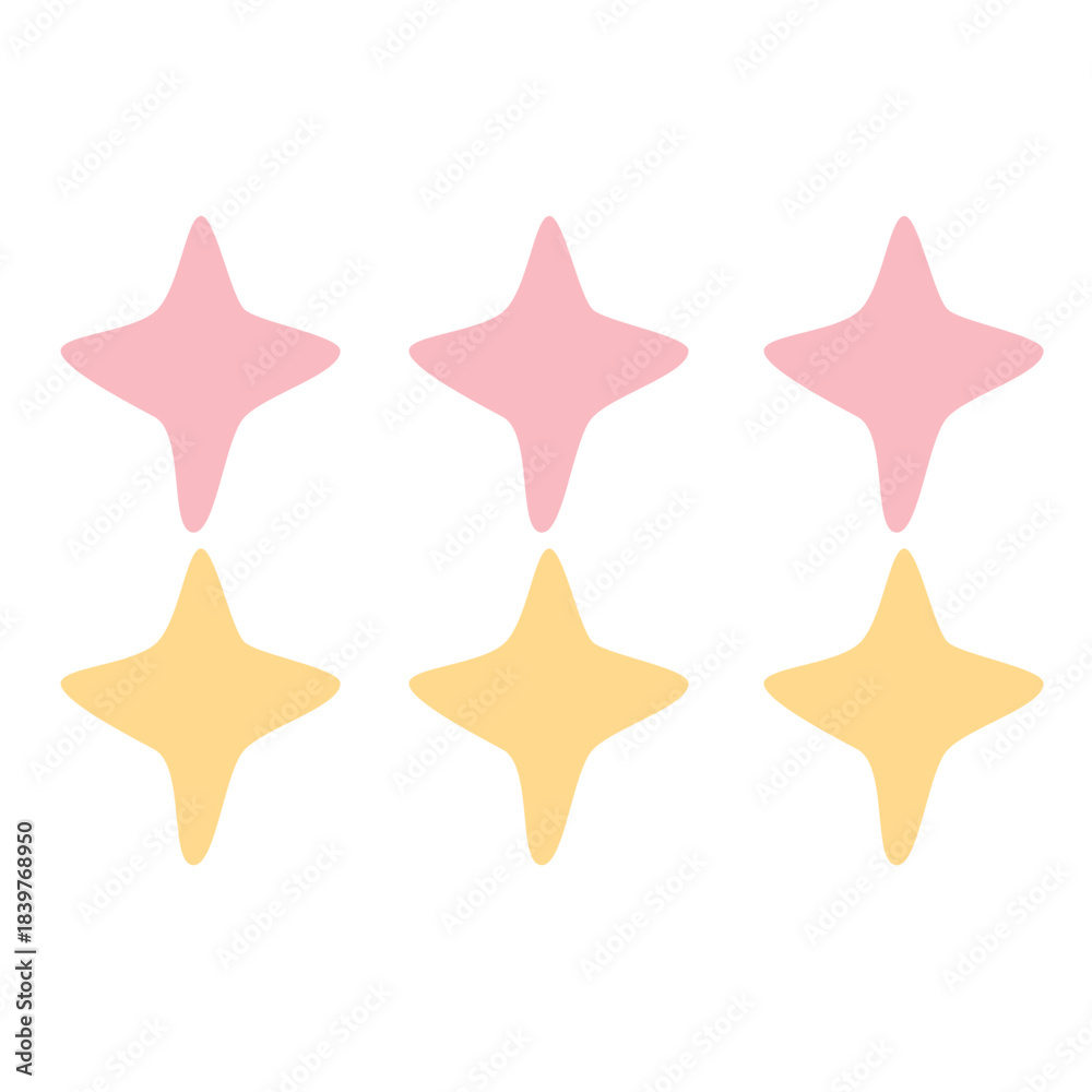Obraz premium A set of pastel pink and yellow star shapes arranged symmetrically, creating a playful flat illustration for cute decorations, icons, stickers, and graphic elements.