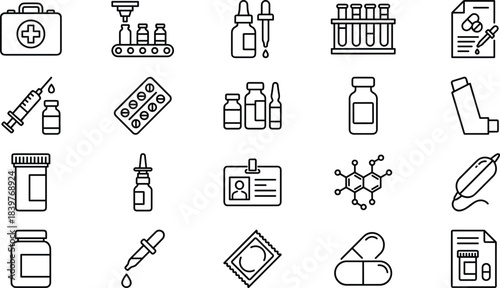 Medical, Pharmaceutical, and Laboratory Outline Icon Set, Covering Prescription Drugs, Syringes, First Aid, Chemical Structure, and Research Supplies, Vector Editable Stroke
