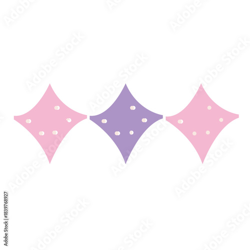 Three pastel diamond shapes in pink and purple with dotted accents, creating a cute flat illustration ideal for decorative graphics, icons, stickers, and playful designs.