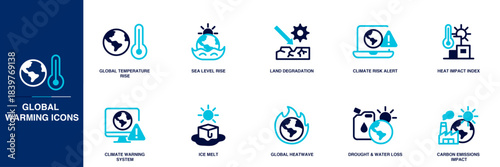 Global Warming Blue Colored Outline Icon Set