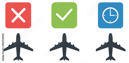 Airplane Icons and Checkmarks A graphic arrangement features airplane icons accompanied by checkmarks and a clock, providing information regarding flight, schedules, or travel confirmations.