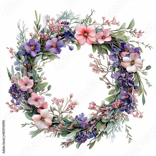 Elegant circular frame of hand-painted watercolor flowers in soft pink and purple hues, an isolated botanical illustration for celebration and decor