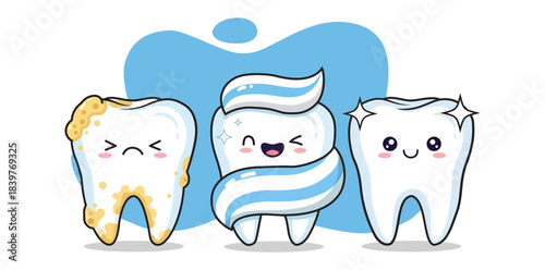 Dental Transformation From grimy to gleaming, a trio of cartoon teeth illustrates the journey to optimal oral health, with toothpaste symbolizing a fresh, happy start to the day.