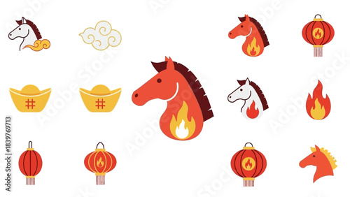 Chinese New Year Horse Zodiac with Lanterns and Gold Ingots.