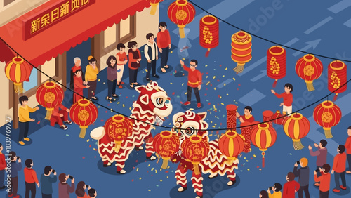 Chinese New Year Lion Dance Celebration with Crowds and Lanterns.