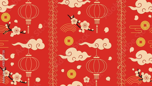 Chinese New Year seamless pattern with lanterns and clouds.
