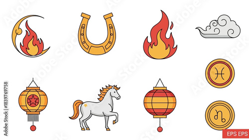 Collection of Symbolic Icons - Horseshoe, Fire, Cloud, Lanterns, Zodiac Signs, and Horse.
