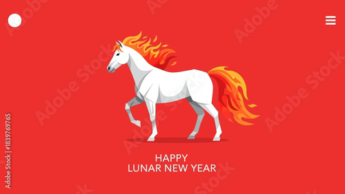 Elegant White Horse with Fiery Mane and Tail for Lunar New Year.