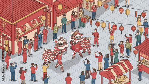 Festive Chinese New Year Celebration with Lion Dance and Crowds.