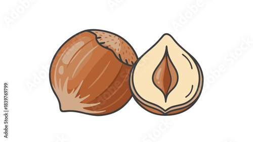 Illustration of a whole hazelnut and a halved hazelnut showing the kernel inside on a black background with a rustic brown and beige color scheme and a clean pixel art style