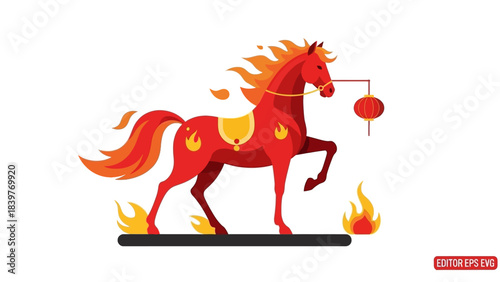 Fiery Red Horse with Lantern - A Symbol of Chinese New Year.