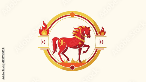 Fiery Red Horse Emblem with Zodiac Symbols and Flames.