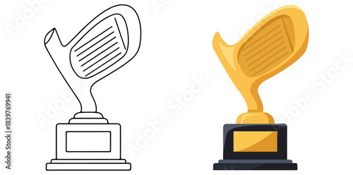 Golden Golf Trophy A golf trophy depicted, presented in both outline and colored forms, ready to be awarded to a champion.