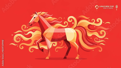 Geometric Horse Illustration with Fiery Mane and Tail on Red Background.