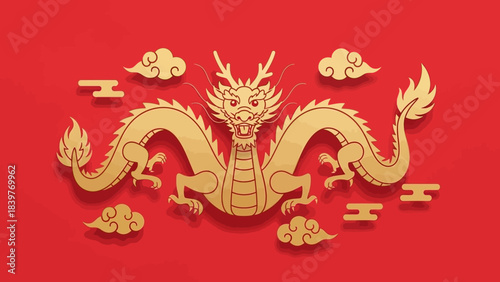 Golden Chinese Dragon with Clouds on Red Background for Lunar New Year.