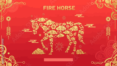 Golden Fire Horse Illustration - A Symbol of Strength and Prosperity.