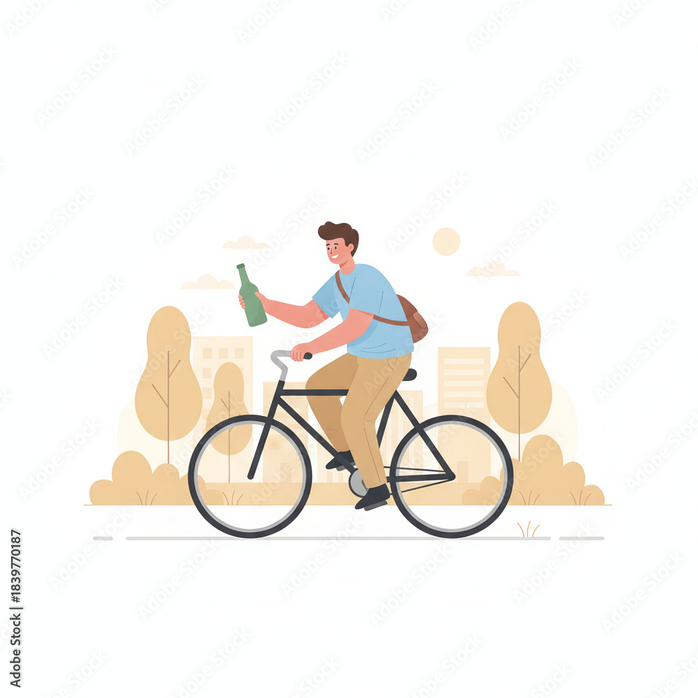 Naklejka premium Young man rides bicycle while holding bottle, showcasing casual and carefree lifestyle. background features cityscape with trees, creating vibrant urban atmosphere