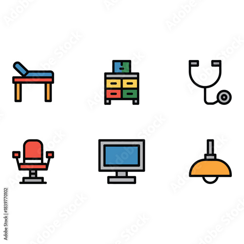 Medical office icons set featuring examination table stethoscope and chair