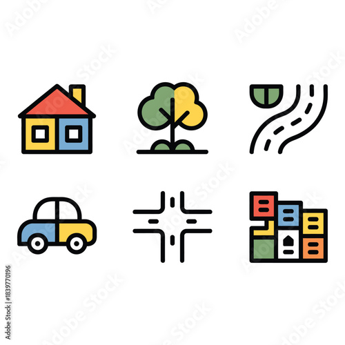 Simple cartoon icons of urban and suburban elements