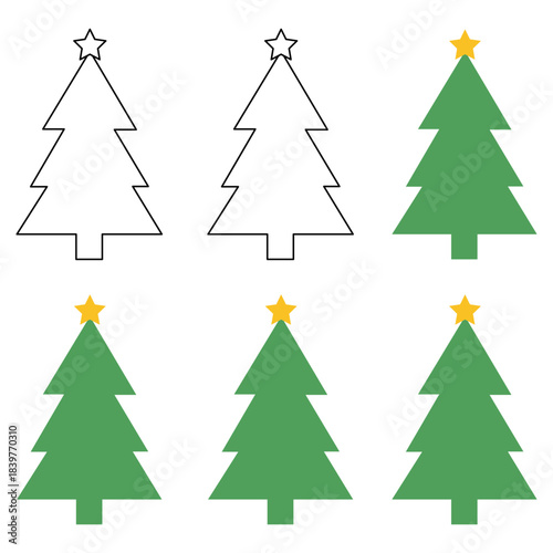 Festive Trees Six Christmas trees with a bright star on top, each a testament to the festive spirit, perfect for holiday-themed design.