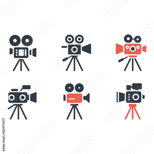 Collection of vintage and modern film cameras on tripods