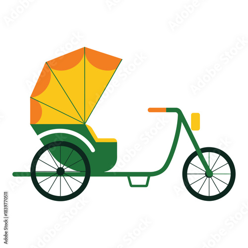 Colorful rickshaw with yellow canopy on white background