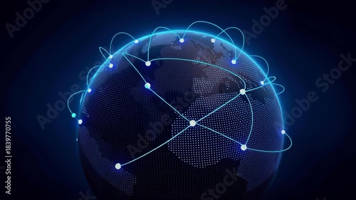 Global network digital world data flow blue glow dotted globe connectivity cyber technology map nodes, glowing earth digital globe data network blue light dotted map global connection background